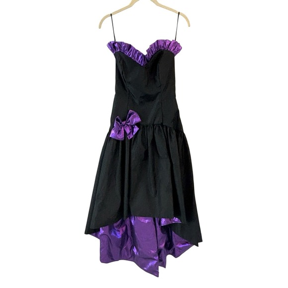 Vintage Loralie 80s Whimsigoth Prom Dress Size 6 Metallic Bow Tulle Asymmetrical - Picture 1 of 11